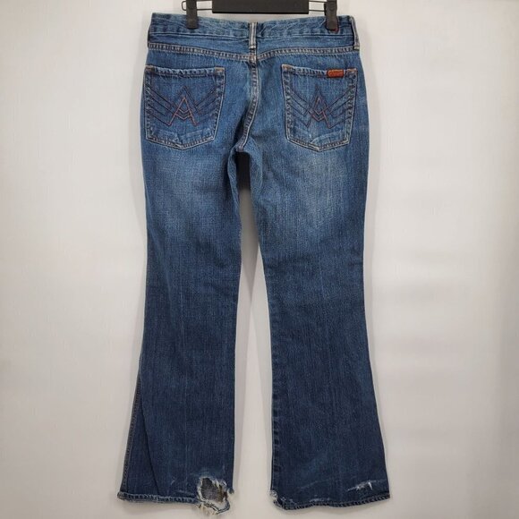 7 For All Mankind Flared Denim Jeans Mid Rise Dark Wash Size 30 Womens Blue - Picture 2 of 14